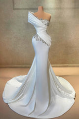 Long Mermaid Floor Length One Shoulder Satin Prom Dress with Beads