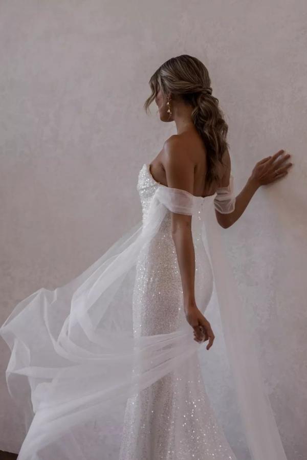 Sparkly Long Mermaid Off the Shoulder Sequins Ruched Wedding Dress with Slit