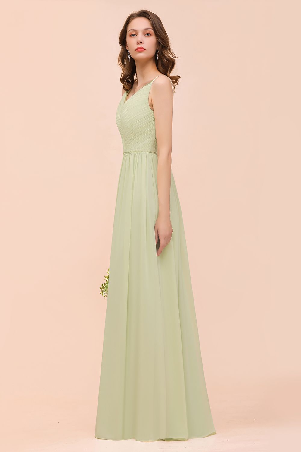 Long A-line V-neck Chiffon Sage Open Back Bridesmaid Dress