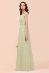 Long A-line V-neck Chiffon Sage Open Back Bridesmaid Dress