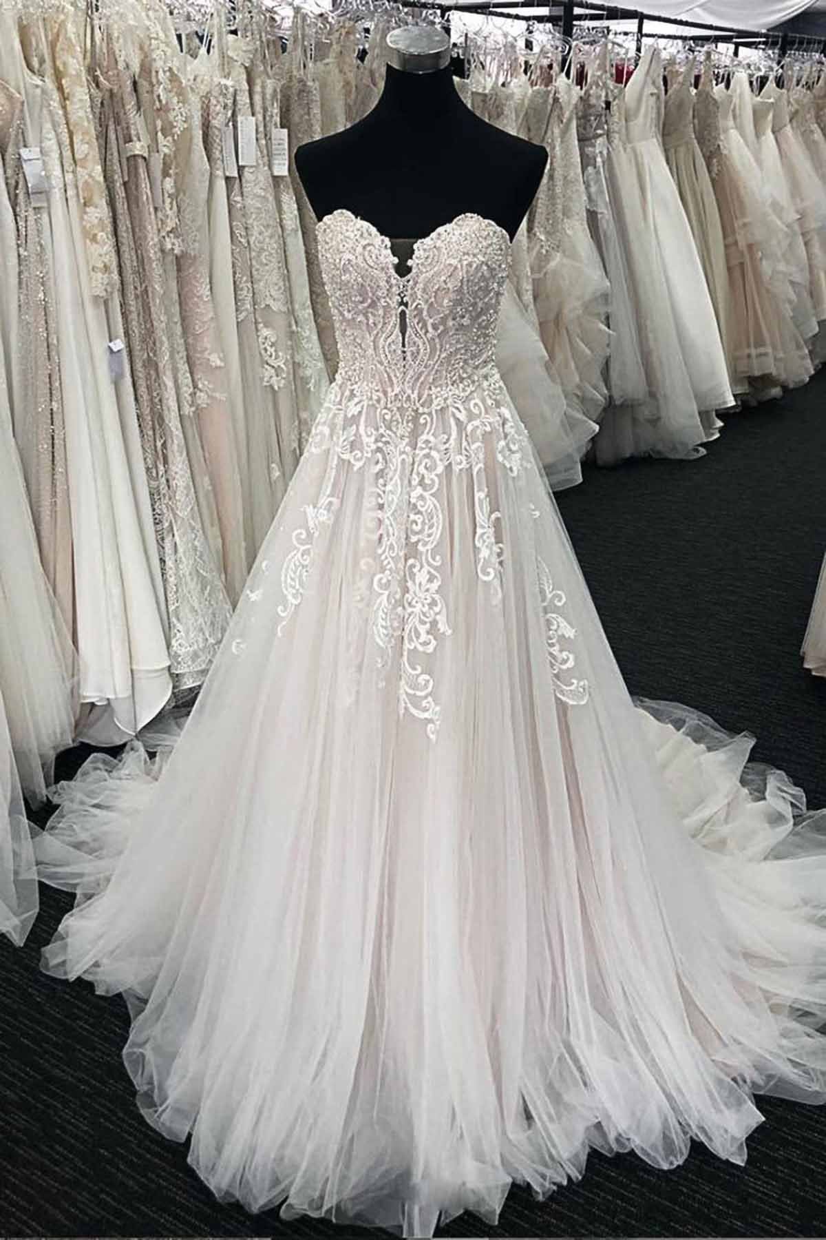 Unique A-line Lace Sweetheart Neck Long White Wedding Dress