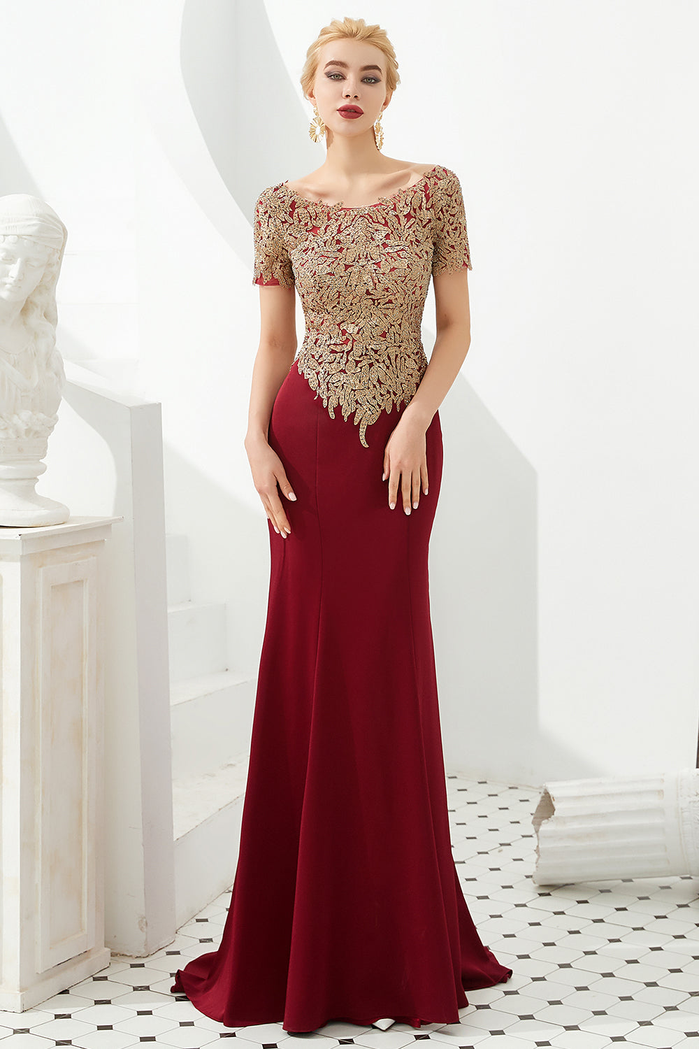 Mermaid Long Burgundy Jewel Lace Mermaid Formal Evening Dresses