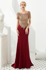 Mermaid Long Burgundy Jewel Lace Mermaid Formal Evening Dresses