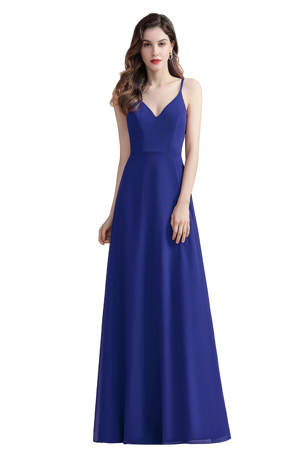 Elegant Spaghetti Straps V-Neck Chiffon Burgundy Long Bridesmaid Dress