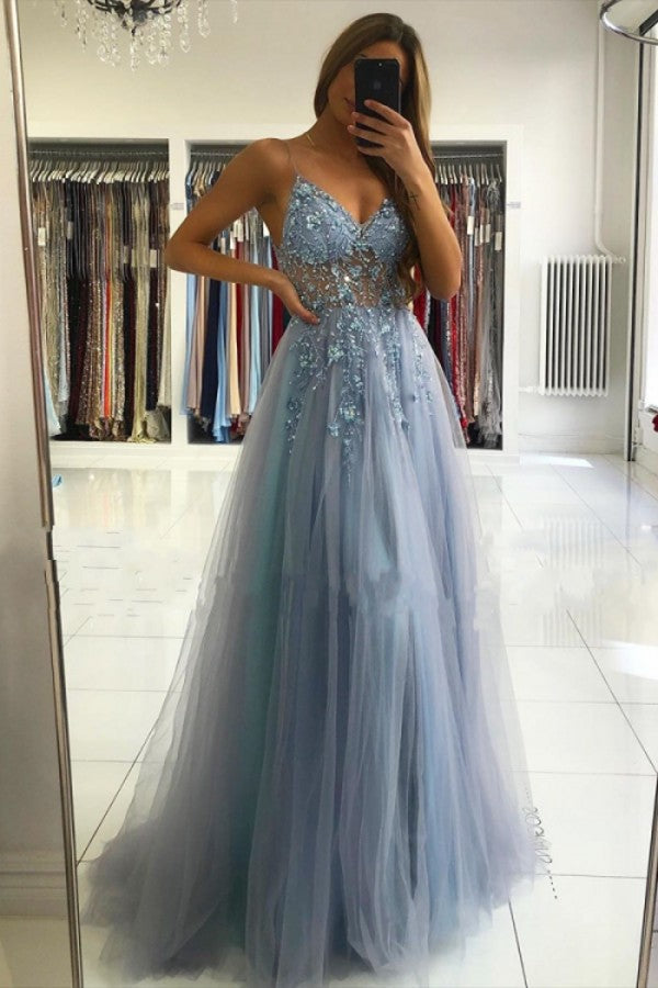 Long A-line V-neck Tulle Backless Prom Dress with Slit