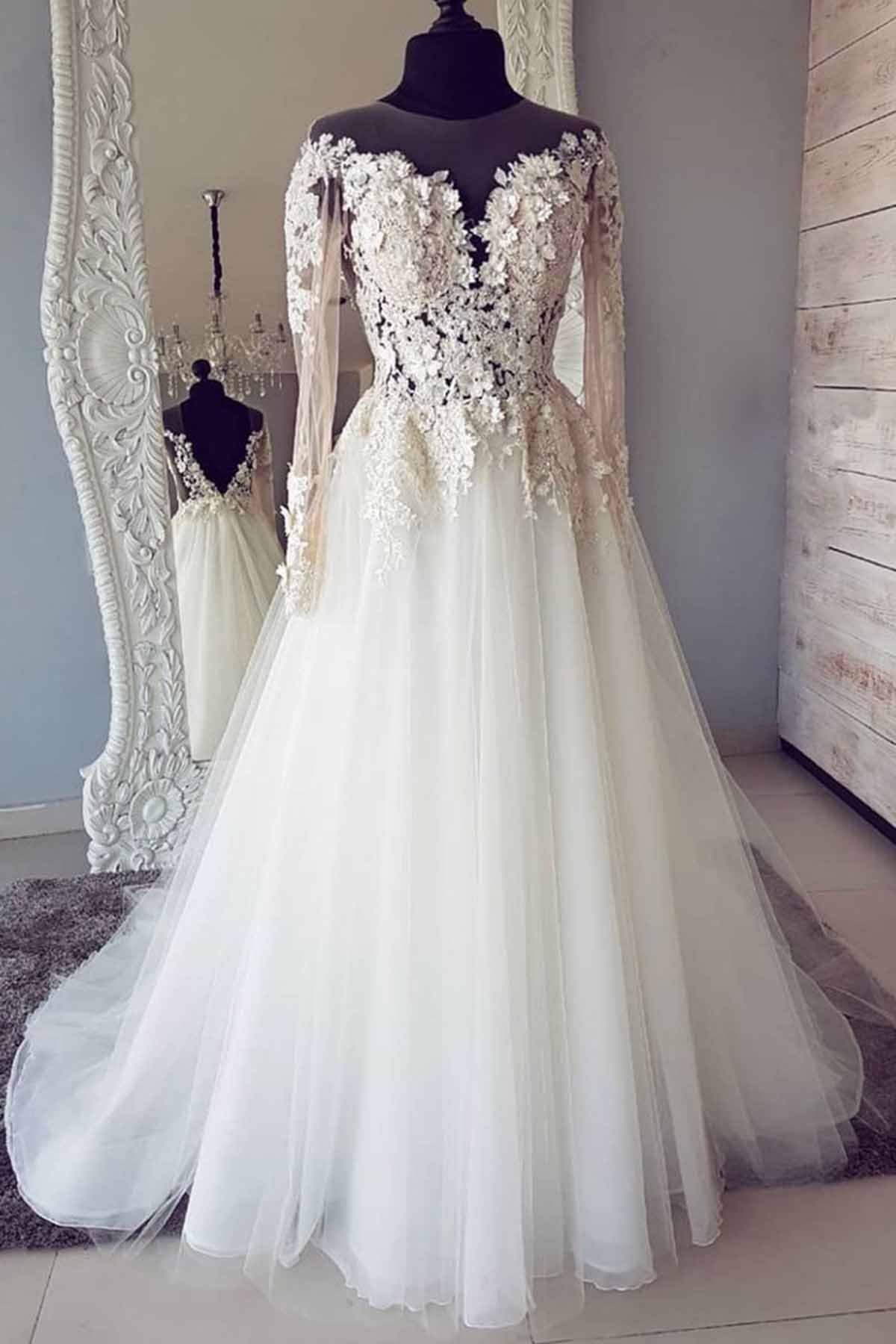 White A-line Tulle Lace Long Round Neck Wedding Dress with Sleeves