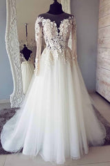 White A-line Tulle Lace Long Round Neck Wedding Dress with Sleeves