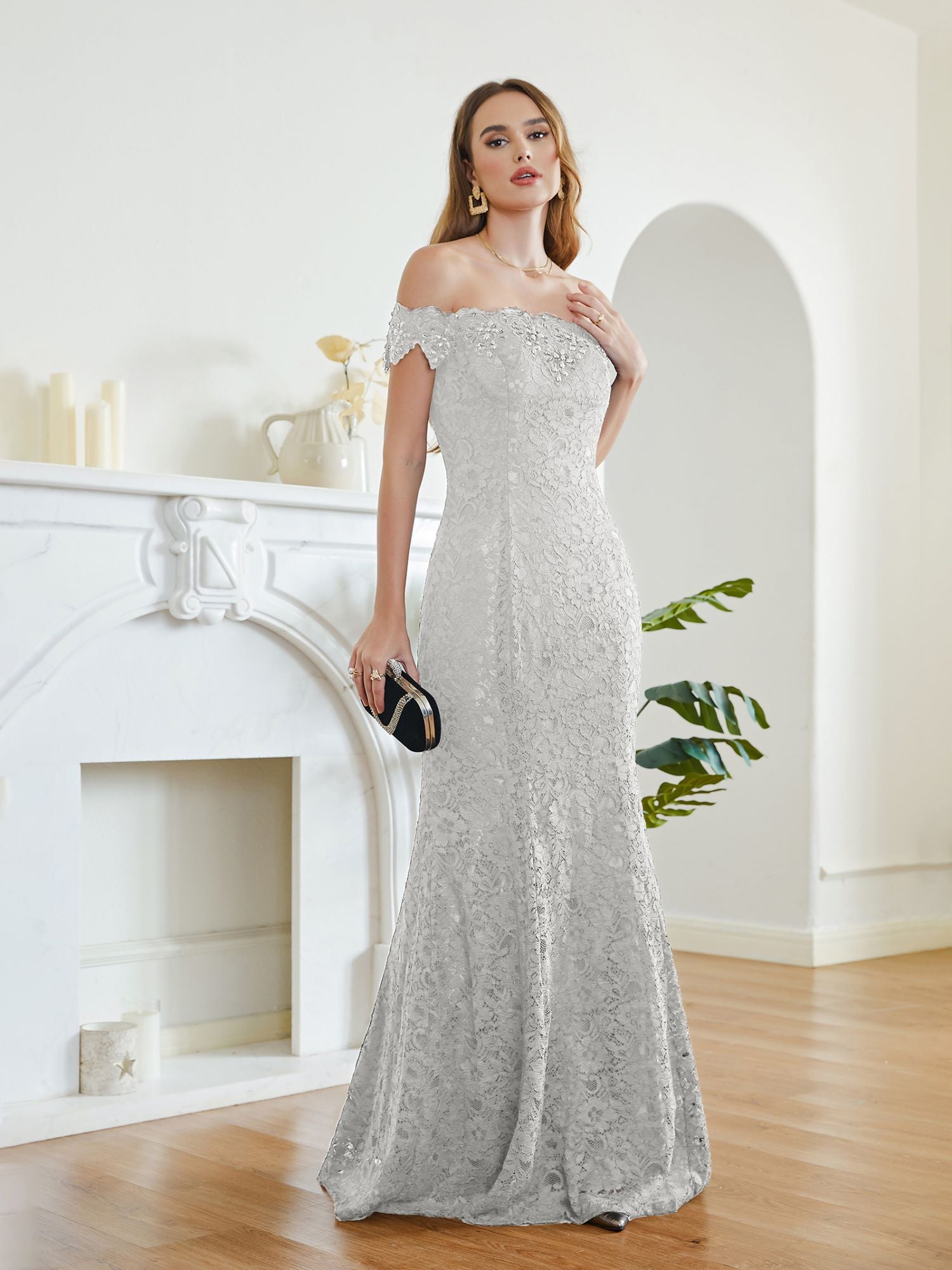 Long Off The Shoulder Floral Lace Mermaid Floor Length Formal Evening Dress