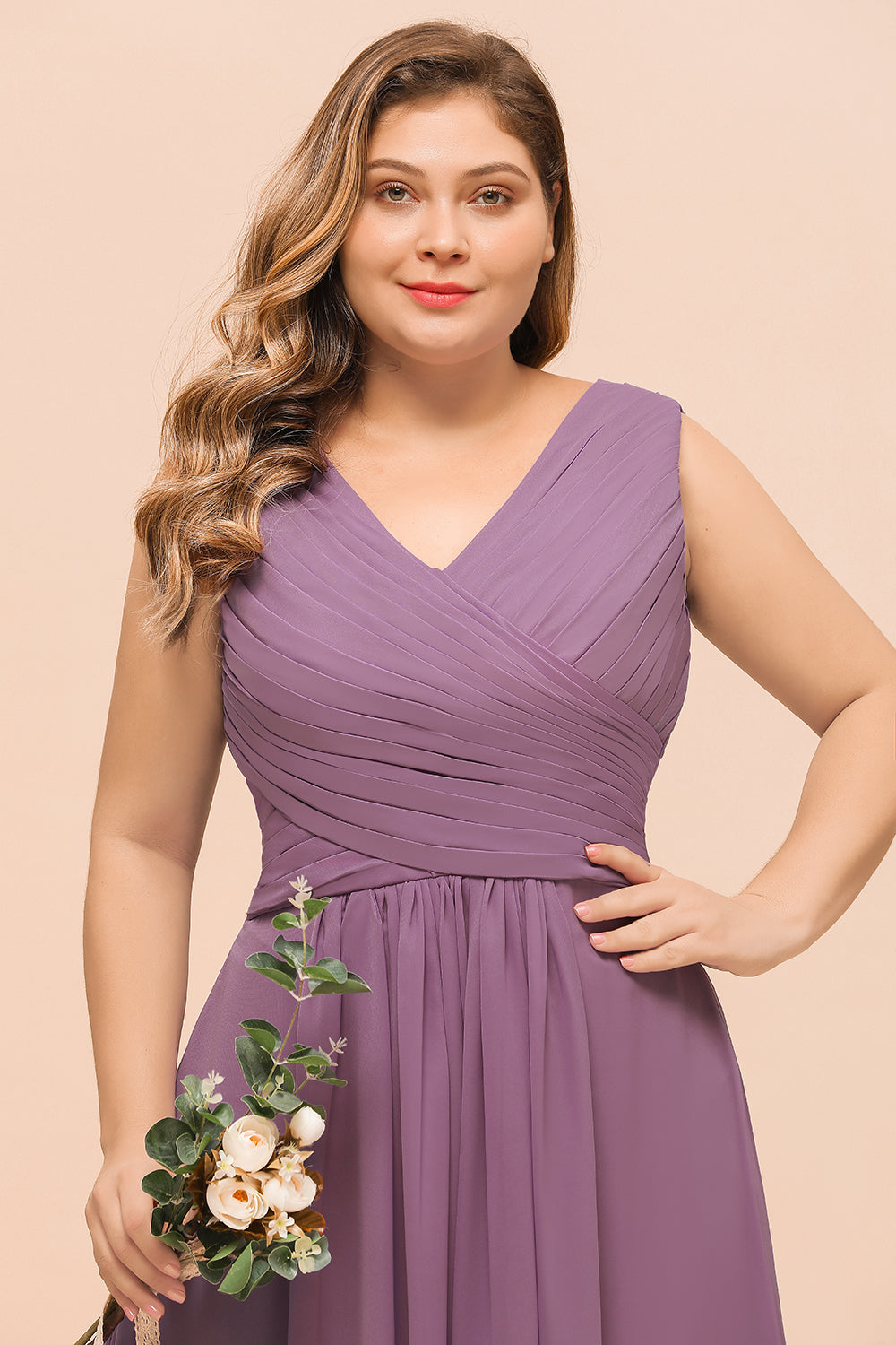 Elegant Plus size Long A-line V-neck Sleeveless Chiffon Wisteria Bridesmaid Dress