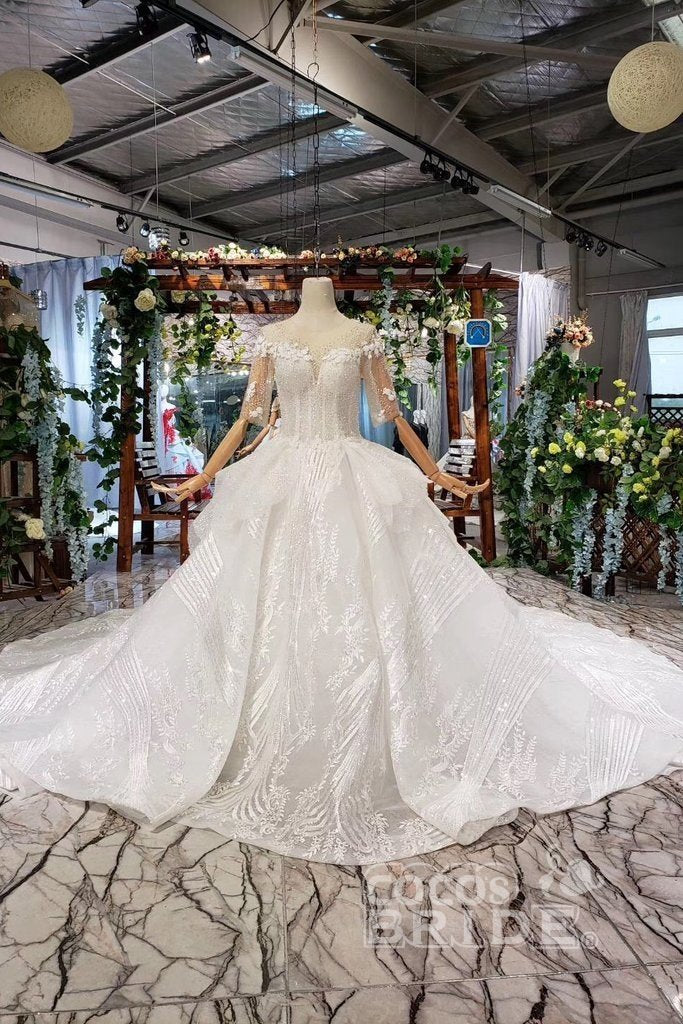 Ball Gown Half Sleeves Lace with Sequins Long Wedding Dress