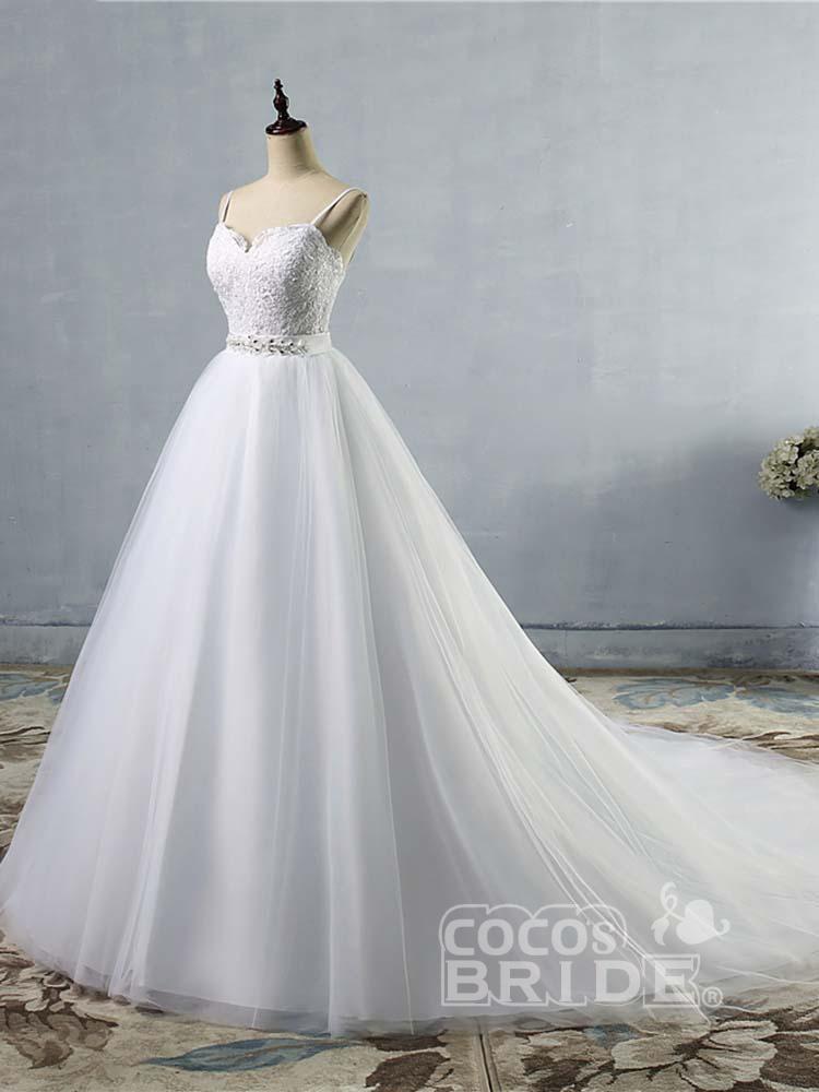 Elegant Long A-line Sweetheart Spaghetti Strap Lace Tulle Wedding Dresses