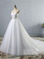 Elegant Long A-line Sweetheart Spaghetti Strap Lace Tulle Wedding Dresses