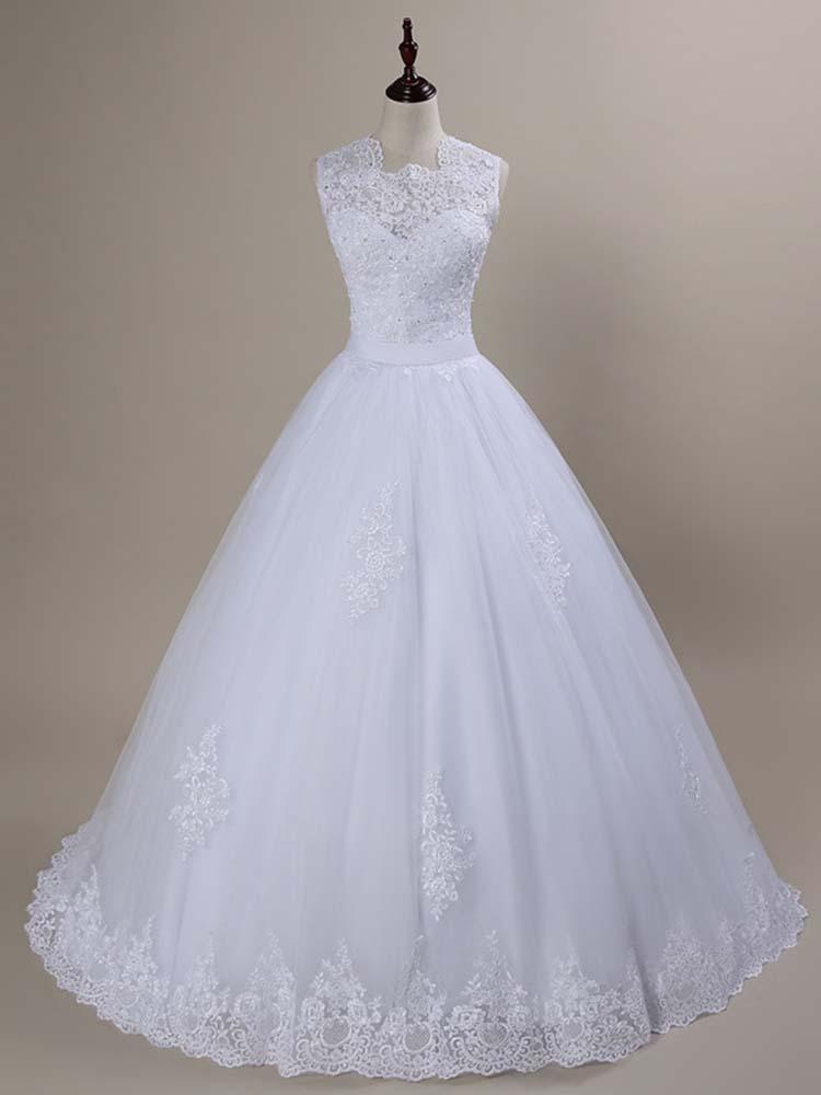 Modest White Long Lace Covered Button Ball Gown Wedding Dresses