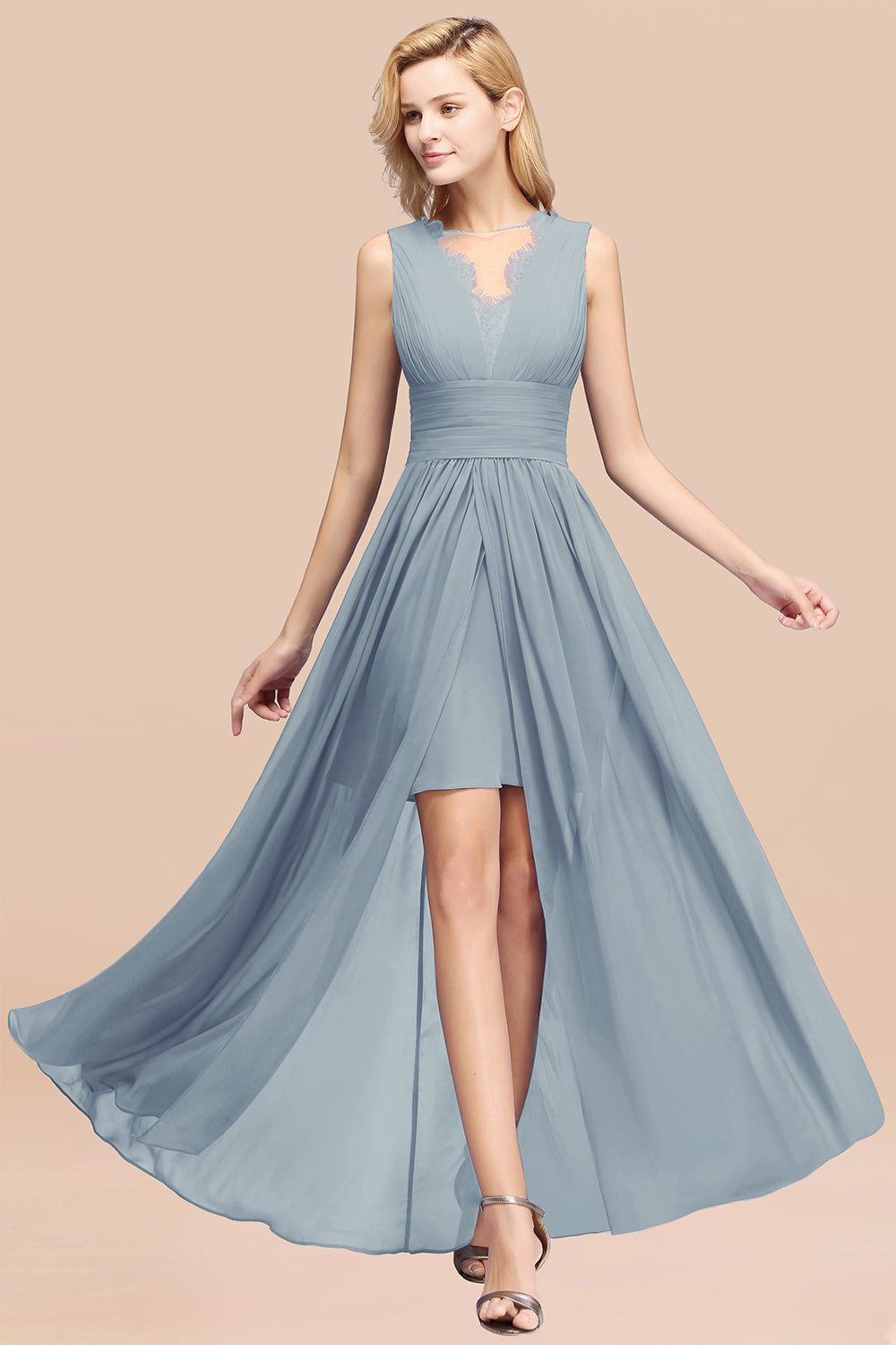 Lace Chiffon Jewel Sleeveless Ruffles Short Bridesmaid Dress