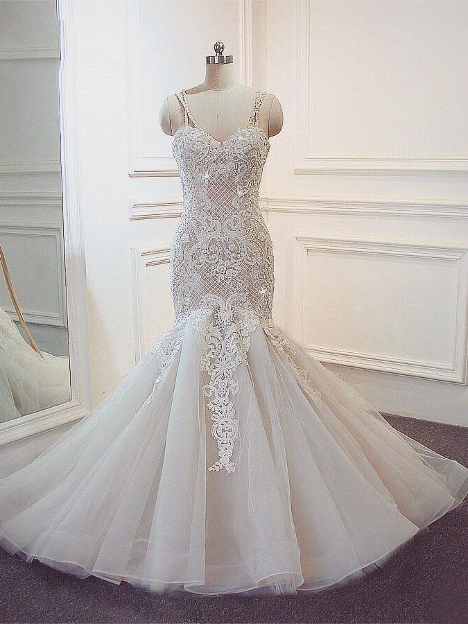 Stunning Long Sweetheart Spaghetti Strap Lace-Up Mermaid Wedding Dresses