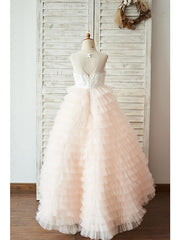 Long A-line Tulle Sleeveless Jewel Neck Birthday Party Girl Dresses