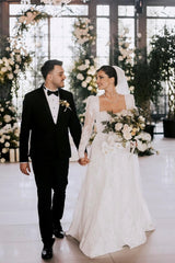 Square Neckline A-line Lace Long Sleeves Floor Length Wedding Dress