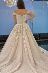Modest Long A-line Off the Shoulder Tulle Lace Wedding Dress