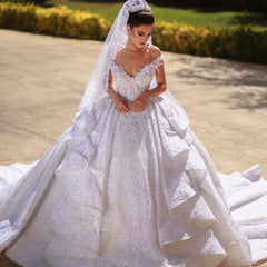 Gorgeous Long Ball Gown Off the shoulder Lace White Wedding Dresses