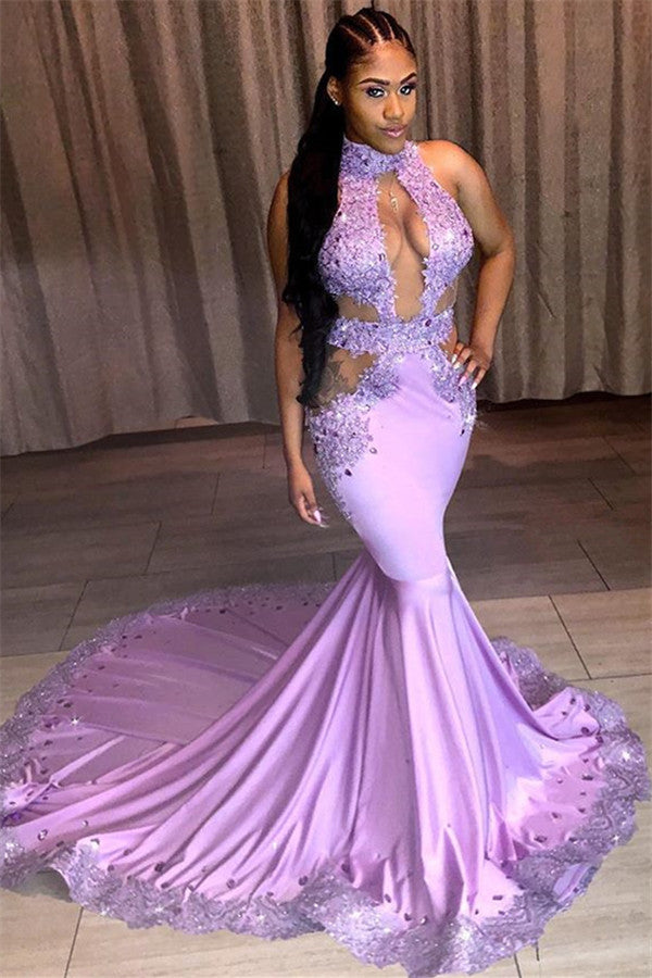 Long Halter Lace Satin Mermaid Plue Size Prom Dress