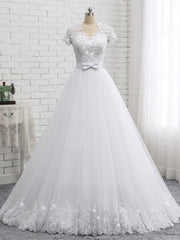 Elegant Long A-line Sweetheart Lace Beaded Tulle Wedding Dresses with Short Sleeves