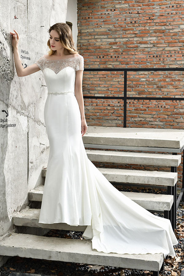 Long Mermaid Satin Lace Wedding Dress with Short Sleeve