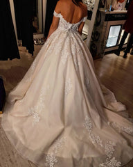 Modest Long A-line Off the Shoulder Tulle Wedding Dress with Lace
