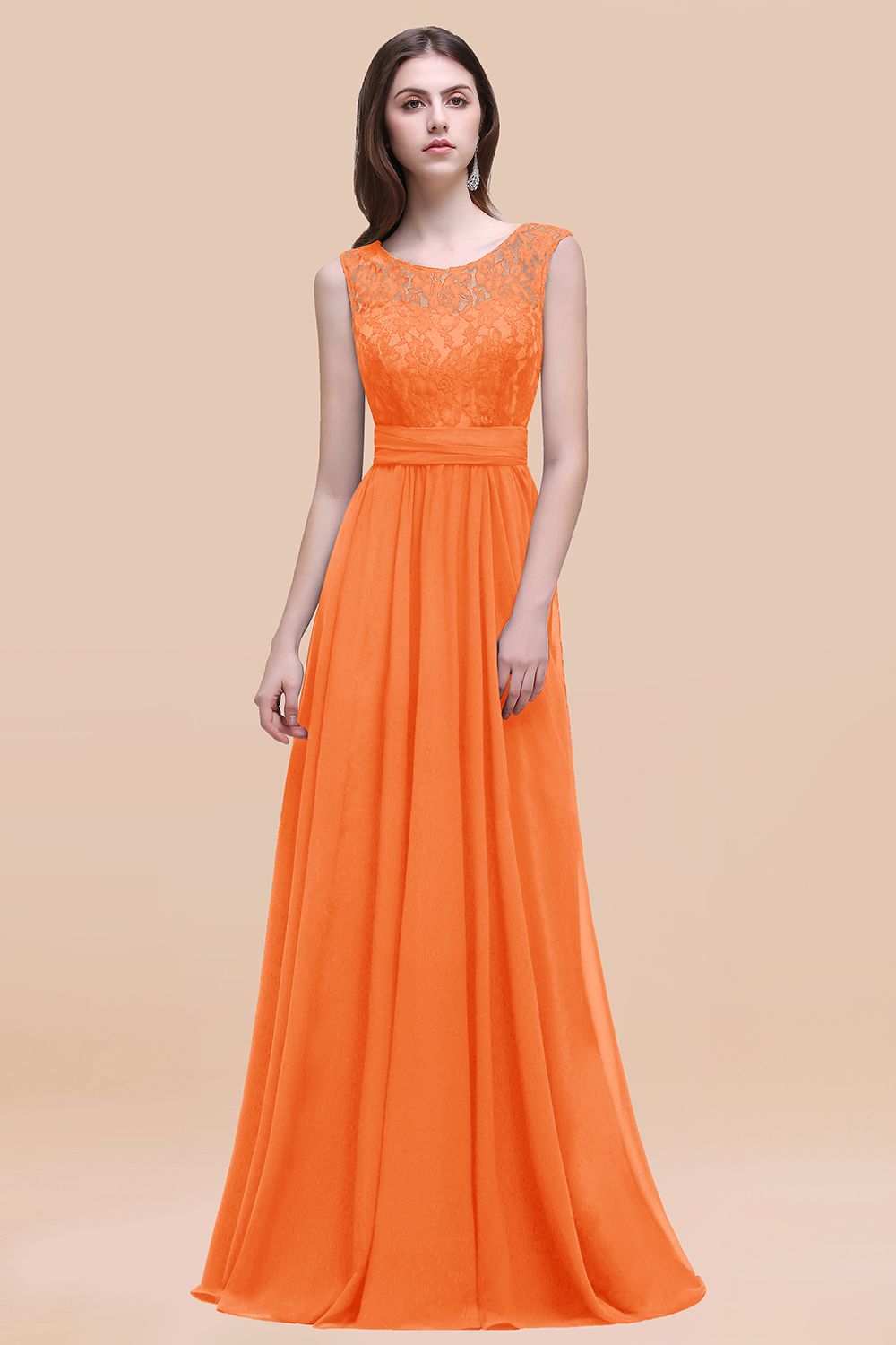 Elegant A-line Chiffon Lace Scoop Sleeveless Floor Length Bridesmaid Dress