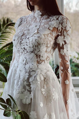 Gorgeous Long A-line High Neck Tulle Lace Wedding Dresses with Sleeves