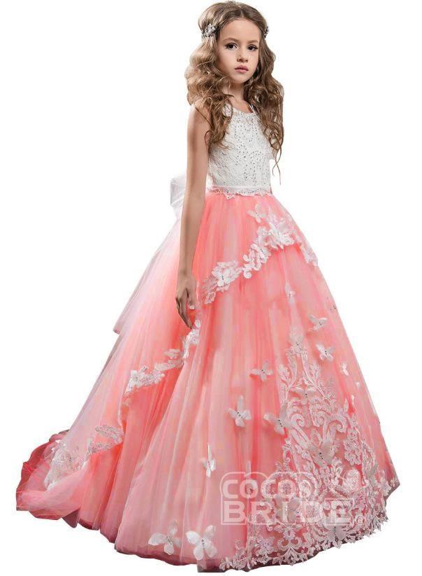 Long Tulle Lace Scoop Neck Sleeveless Ball Gown Flower Girl Dress