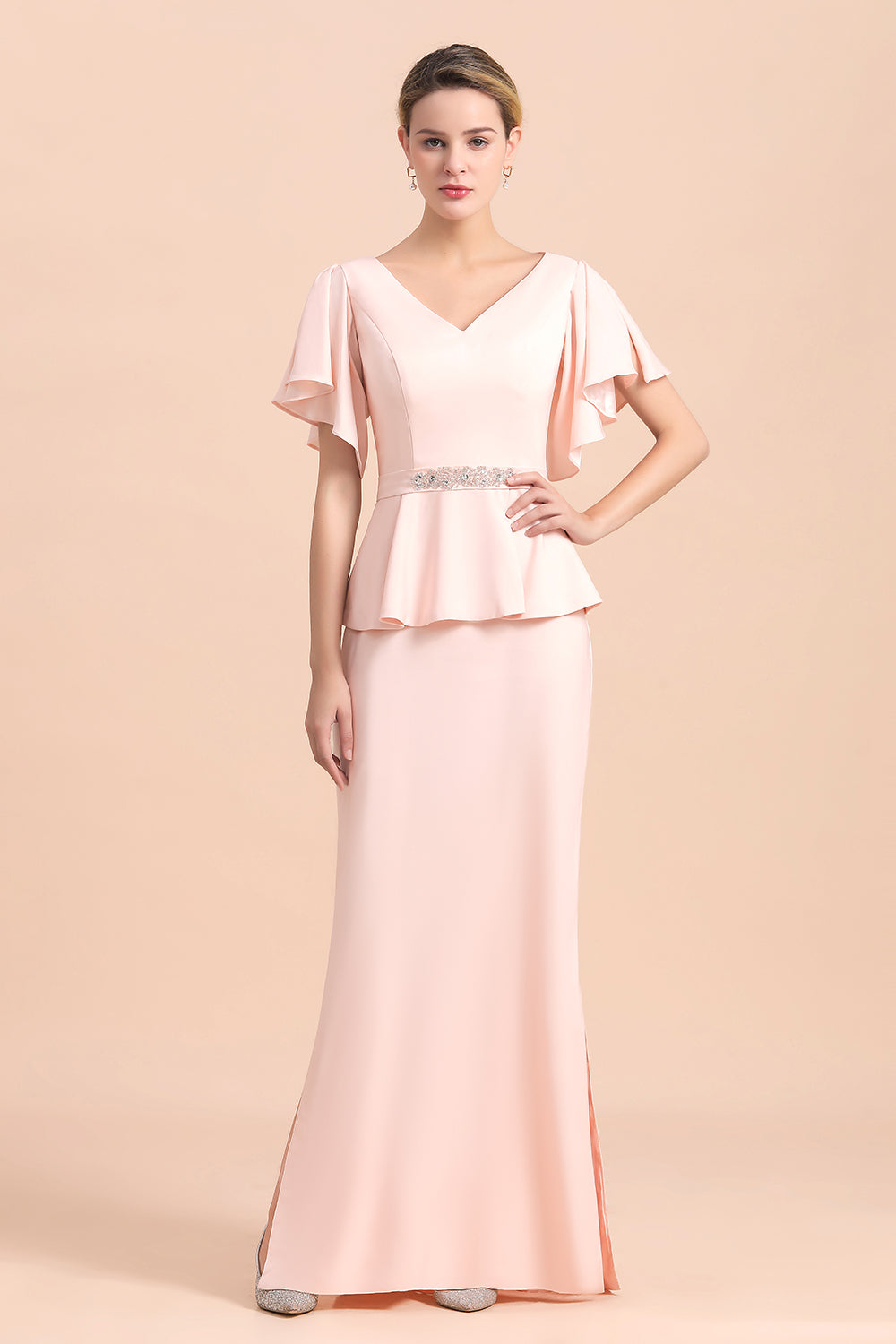 Glamorous V-Neck Beadings Satin Pink Mother of Bride Dresses