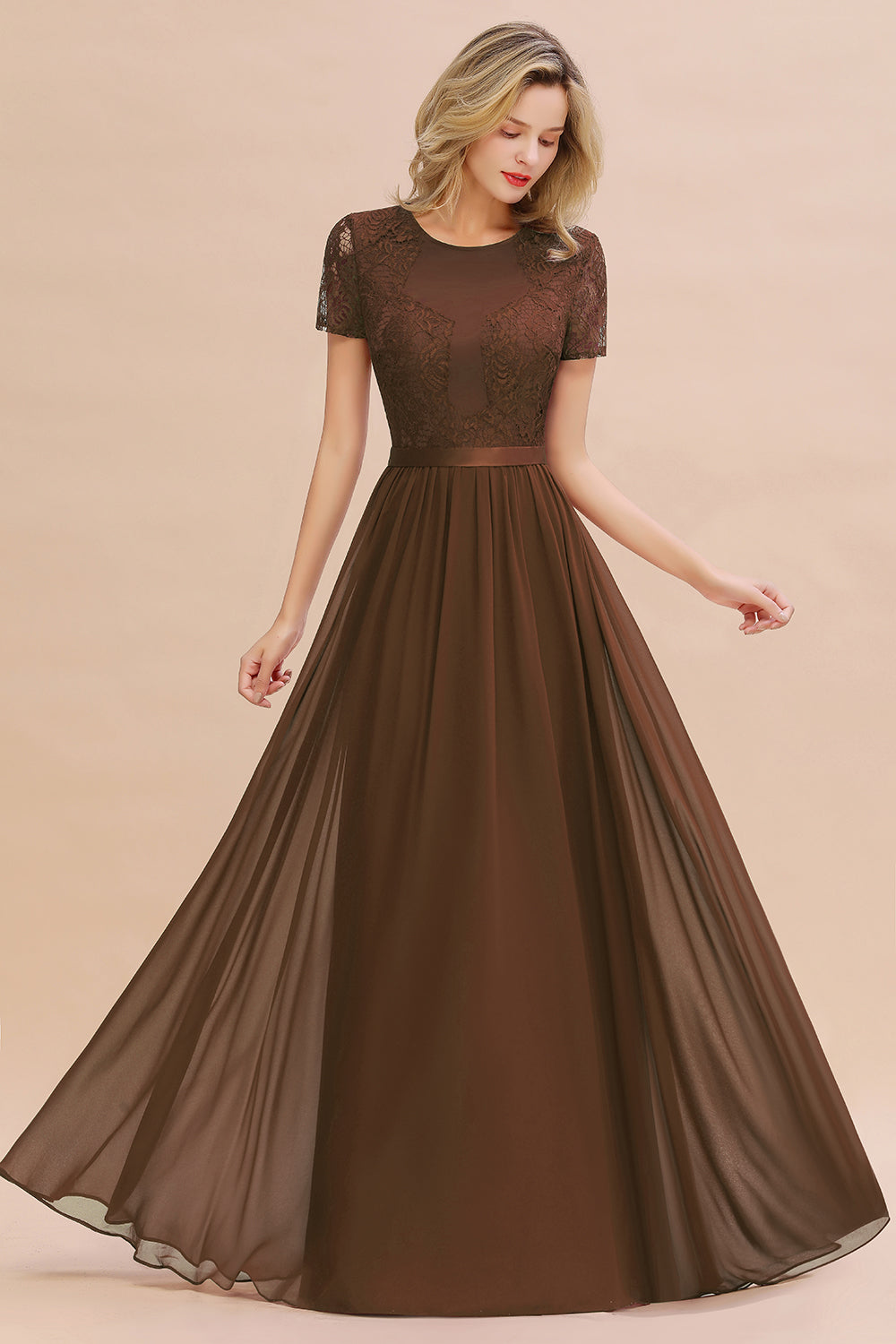 Chiffon Lace Scoop Short Sleeve Bridesmaid Dress