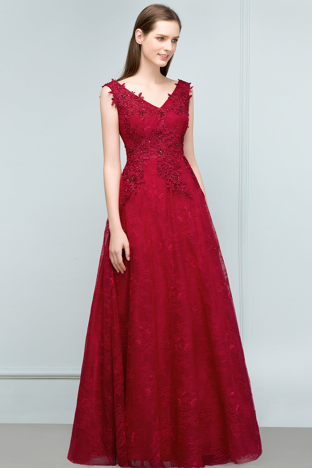 Long V-neck Tulle Lace A-line Evening Formal Dress