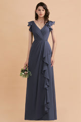 Ruffles A-Line V-neck Chiffon Party Dress Floor Length Bridesmaid Dress