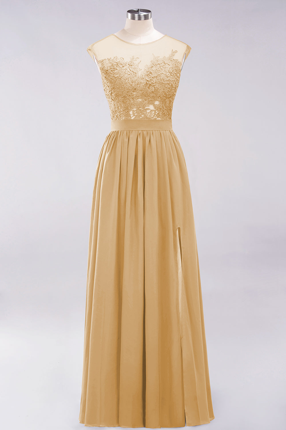A-line Chiffon Lace Jewel Sleeveless Floor Length Bridesmaid Dresses with Appliques