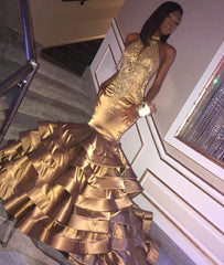 Long Halter Appliques Satin Mermaid Prom Dress