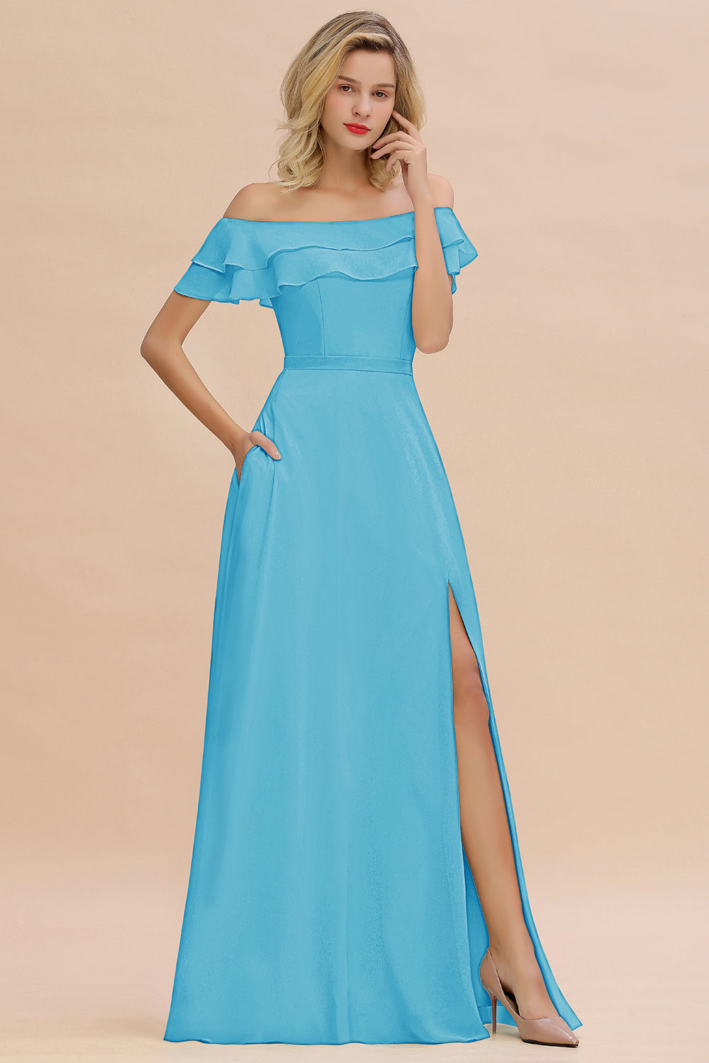 Off the Shoulder Front Slit Mint Green Long Bridesmaid Dress