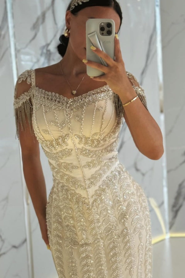 Long Sweetheart Tulle Beaded Mermaid Formal Evening Dresses with Cap Sleeves