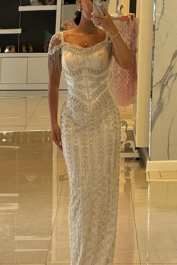 Long Sweetheart Tulle Beaded Mermaid Formal Evening Dresses with Cap Sleeves