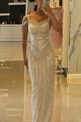 Long Sweetheart Tulle Beaded Mermaid Formal Evening Dresses with Cap Sleeves