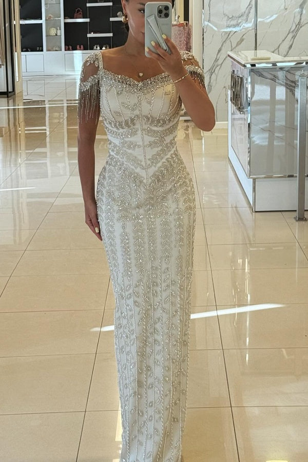 Long Sweetheart Tulle Beaded Mermaid Formal Evening Dresses with Cap Sleeves