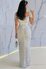 Long Sweetheart Tulle Beaded Mermaid Formal Evening Dresses with Cap Sleeves