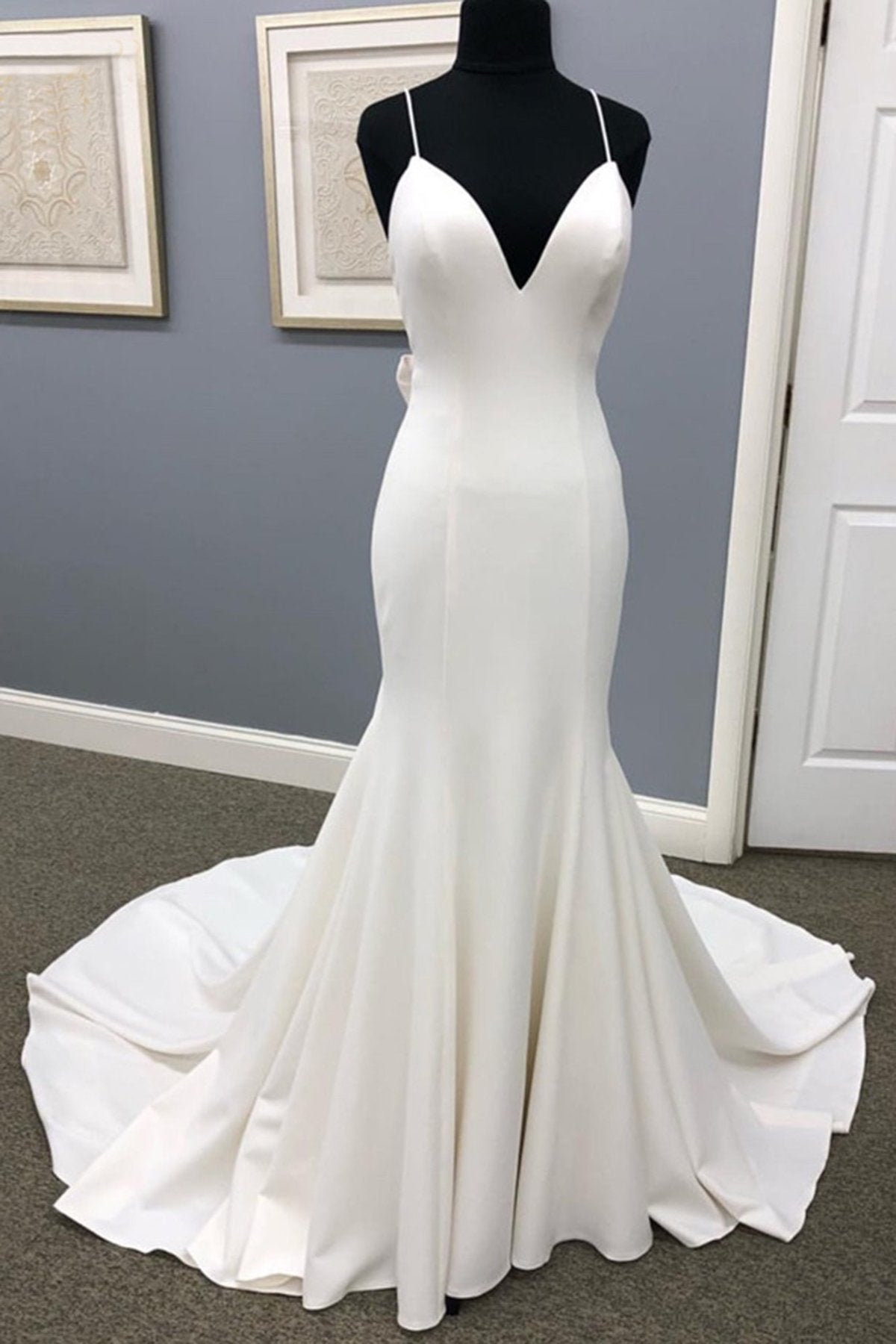 Ivory Long Mermaid Satin Spaghetti Straps Open Back Wedding Dress