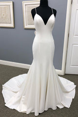 Ivory Long Mermaid Satin Spaghetti Straps Open Back Wedding Dress