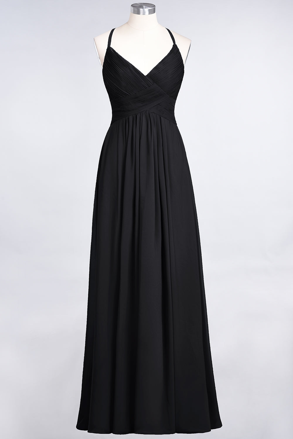 A-Line Chiffon Spaghetti Straps V-Neck Sleeveless Floor Length Bridesmaid Dress with Ruffles