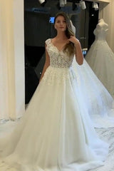 Elegant Long V-neck Wide Straps Appliques Lace Pearl Tulle A-Line Wedding Dress