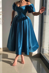 Simple Short A-line Off the Shoulder Satin Party Dress with Sleeves