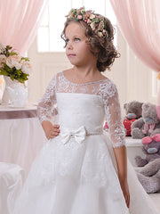 White Long A-line Tulle Lace Flower Girl Dresses with Sleeves