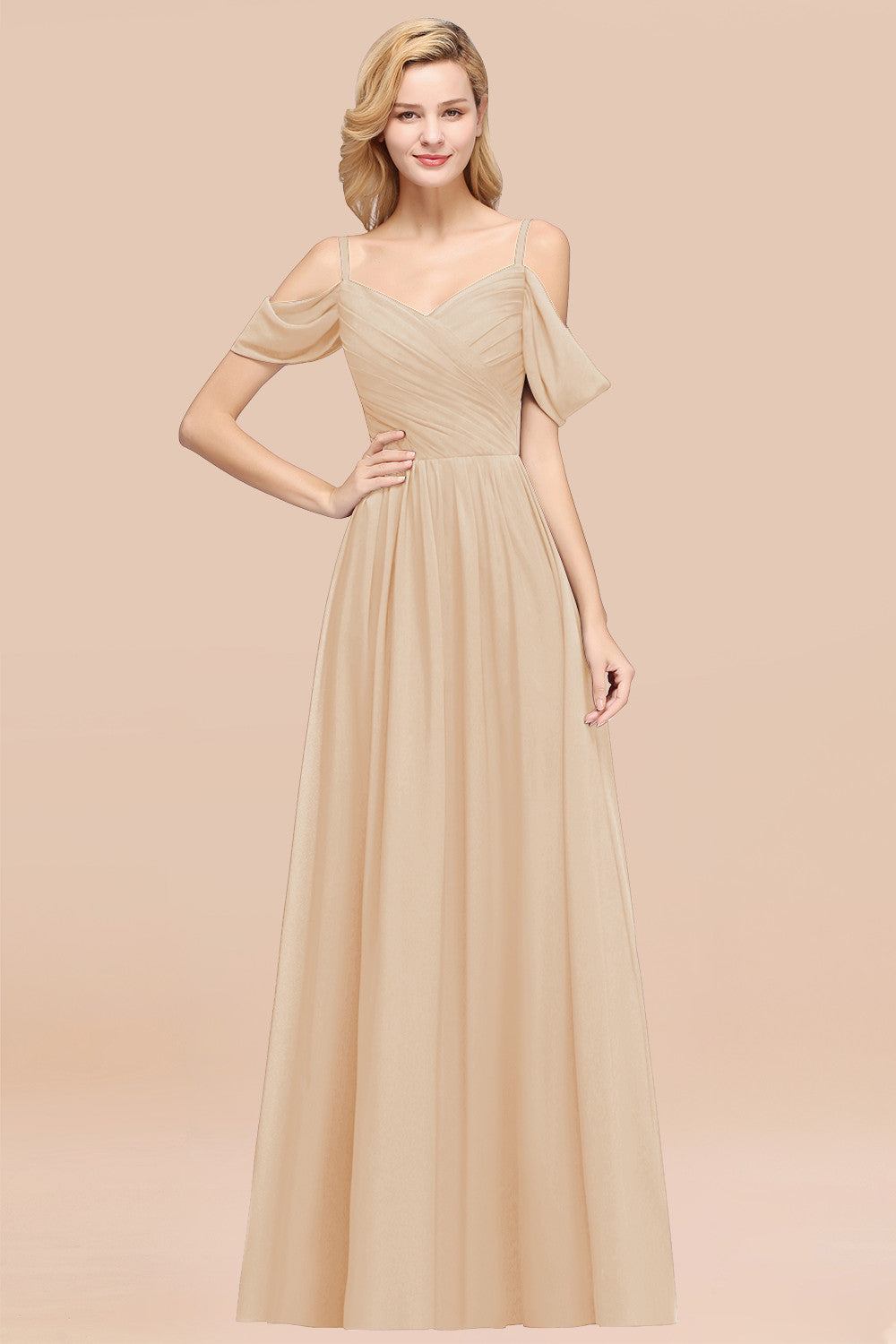A-Line Chiffon V-Neck Spaghetti Straps Short Sleeves Floor Length Bridesmaid Dresses with Ruffles