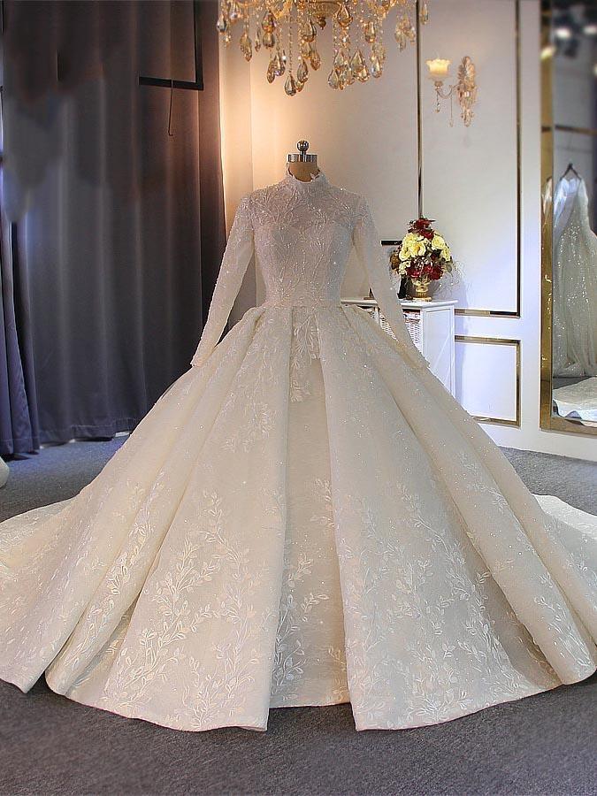 Luxury Long High Neck Lace-Up Ball Gown Wedding Dresses with Long Sleeves